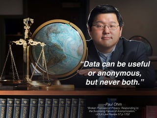 –Paul Ohm 
“Broken Promises of Privacy: Responding to
the Surprising Failure of Anonymization,”
UCLA Law Review 57,p.1702
“Data can be useful
or anonymous,
but never both.”
 