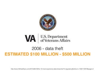 ESTIMATED $100 MILLION - $500 MILLION
2006 - data theft
http://www.lifehealthpro.com/2015/06/18/the-10-most-expensive-data-breaches?t=regulatory&slreturn=1456110972&page=5
 
