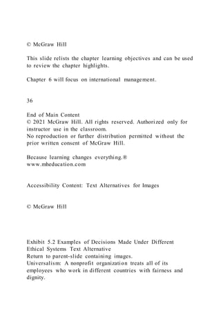 © McGraw Hill
This slide relists the chapter learning objectives and can be used
to review the chapter highlights.
Chapter 6 will focus on international management.
36
End of Main Content
© 2021 McGraw Hill. All rights reserved. Authorized only for
instructor use in the classroom.
No reproduction or further distribution permitted without the
prior written consent of McGraw Hill.
Because learning changes everything.®
www.mheducation.com
Accessibility Content: Text Alternatives for Images
© McGraw Hill
Exhibit 5.2 Examples of Decisions Made Under Different
Ethical Systems Text Alternative
Return to parent-slide containing images.
Universalism: A nonprofit organization treats all of its
employees who work in different countries with fairness and
dignity.
 