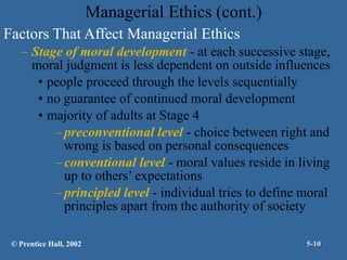 Managerial Ethics (cont.) Factors That Affect Managerial Ethics Stage of moral development  - at each successive stage, moral judgment is less dependent on outside influences people proceed through the levels sequentially no guarantee of continued moral development majority of adults at Stage 4 preconventional level  - choice between right and wrong is based on personal consequences conventional level  - moral values reside in living up to others’ expectations principled level  - individual tries to define moral principles apart from the authority of society  © Prentice Hall, 2002 5- 