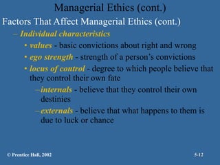 Managerial Ethics (cont.) Factors That Affect Managerial Ethics (cont.) Individual characteristics values  - basic convictions about right and wrong ego strength  - strength of a person’s convictions locus of control  - degree to which people believe that they control their own fate internals  - believe that they control their own destinies externals  - believe that what happens to them is due to luck or chance © Prentice Hall, 2002 5- 