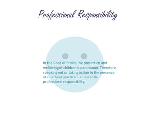Professional ResponsibilityIn the Code of Ethics, the protection and wellbeing of children is paramount. Therefore speaking out or taking action in the presence of unethical practice is an essential professional responsibility.