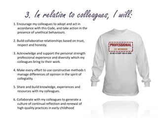 3. In relation to colleagues, I will:1. Encourage my colleagues to adopt and act in 	accordance with this Code, and take action in the 	presence of unethical behaviours.2. Build collaborative relationships based on trust, 	respect and honesty.3. Acknowledge and support the personal strengths, 	professional experience and diversity which my 	colleagues bring to their work.4. Make every effort to use constructive methods to 	manage differences of opinion in the spirit of 	collegiality.5. Share and build knowledge, experiences and 	resources with my colleagues.6. Collaborate with my colleagues to generate a 	culture of continual reflection and renewal of 	high-quality practices in early childhoodCC WORKER