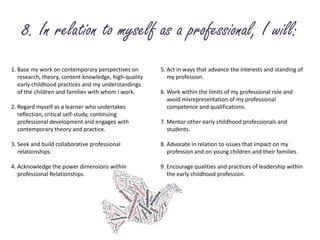 8. In relation to myself as a professional, I will:1. Base my work on contemporary perspectives on 	research, theory, content knowledge, high-quality 	early childhood practices and my understandings 	of the children and families with whom I work.2. Regard myself as a learner who undertakes 	reflection, critical self-study, continuing 	professional development and engages with 	contemporary theory and practice.3. Seek and build collaborative professional 	relationships.4. Acknowledge the power dimensions within 	professional Relationships.5. Act in ways that advance the interests and standing of	my profession.6. Work within the limits of my professional role and 	avoid misrepresentation of my professional 	competence and qualifications.7. Mentor other early childhood professionals and 	students.8. Advocate in relation to issues that impact on my 	profession and on young children and their families.9. Encourage qualities and practices of leadership within 	the early childhood profession.