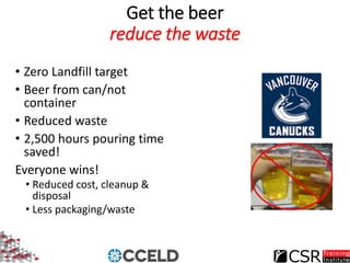Get the beer
reduce the waste
• Zero Landfill target
• Beer from can/not
container
• Reduced waste
• 2,500 hours pouring t...