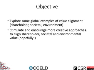 Objective
• Explore some global examples of value alignment
(shareholder, societal, environment)
• Stimulate and encourage...