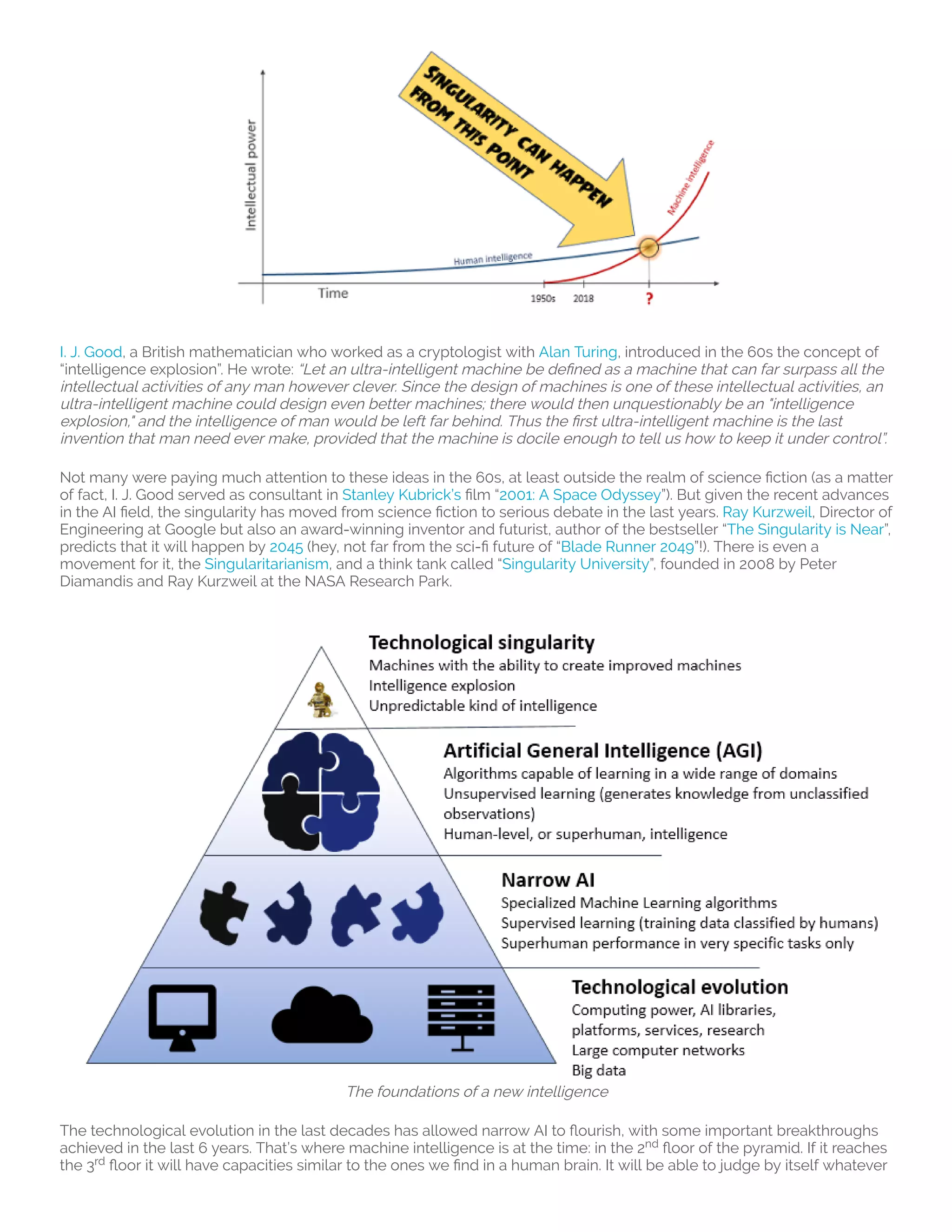 I. J. Good, a British mathematician who worked as a cryptologist with Alan Turing, introduced in the 60s the concept of
“intelligence explosion”. He wrote: “Let an ultra-intelligent machine be de ned as a machine that can far surpass all the
intellectual activities of any man however clever. Since the design of machines is one of these intellectual activities, an
ultra-intelligent machine could design even better machines; there would then unquestionably be an "intelligence
explosion," and the intelligence of man would be left far behind. Thus the rst ultra-intelligent machine is the last
invention that man need ever make, provided that the machine is docile enough to tell us how to keep it under control”. 
Not many were paying much attention to these ideas in the 60s, at least outside the realm of science ction (as a matter
of fact, I. J. Good served as consultant in Stanley Kubrick’s lm “2001: A Space Odyssey”). But given the recent advances
in the AI eld, the singularity has moved from science ction to serious debate in the last years. Ray Kurzweil, Director of
Engineering at Google but also an award-winning inventor and futurist, author of the bestseller “The Singularity is Near”,
predicts that it will happen by 2045 (hey, not far from the sci- future of “Blade Runner 2049”!). There is even a
movement for it, the Singularitarianism, and a think tank called “Singularity University”, founded in 2008 by Peter
Diamandis and Ray Kurzweil at the NASA Research Park.
The foundations of a new intelligence
The technological evolution in the last decades has allowed narrow AI to ourish, with some important breakthroughs
achieved in the last 6 years. That’s where machine intelligence is at the time: in the 2 oor of the pyramid. If it reaches
the 3 oor it will have capacities similar to the ones we nd in a human brain. It will be able to judge by itself whatever
nd
rd
 