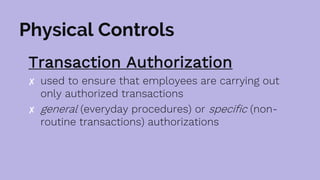 Physical Controls
Transaction Authorization
✘ used to ensure that employees are carrying out
only authorized transactions
✘ general (everyday procedures) or specific (non-
routine transactions) authorizations
 