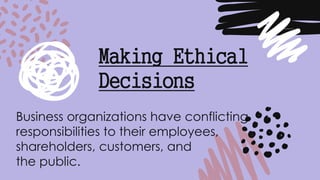 Business organizations have conflicting
responsibilities to their employees,
shareholders, customers, and
the public.
Making Ethical
Decisions
 