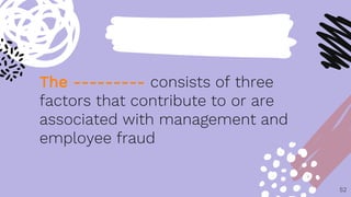 The --------- consists of three
factors that contribute to or are
associated with management and
employee fraud
52
 