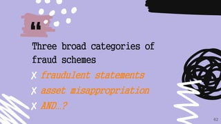 “
Three broad categories of
fraud schemes
✘ fraudulent statements
✘ asset misappropriation
✘ AND…?
62
 