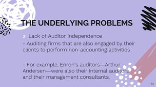 THE UNDERLYING PROBLEMS
✘ Lack of Auditor Independence
- Auditing firms that are also engaged by their
clients to perform non-accounting activities
- For example, Enron’s auditors—Arthur
Andersen—were also their internal auditors
and their management consultants.
65
 