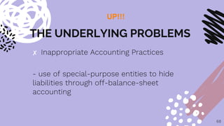 THE UNDERLYING PROBLEMS
✘ Inappropriate Accounting Practices
- use of special-purpose entities to hide
liabilities through off-balance-sheet
accounting
68
UP!!!
 