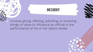 ✘ involves giving, offering, soliciting, or receiving
things of value to influence an official in the
performance of his or her lawful duties
72
BRIBERY
 