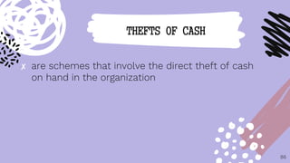 ✘ are schemes that involve the direct theft of cash
on hand in the organization
86
THEFTS OF CASH
 