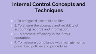 Internal Control Concepts and
Techniques
✘ 1. To safeguard assets of the firm.
✘ 2. To ensure the accuracy and reliability of
accounting records and information.
✘ 3. To promote efficiency in the firm’s
operations.
✘ 4. To measure compliance with management’s
prescribed policies and procedures
 