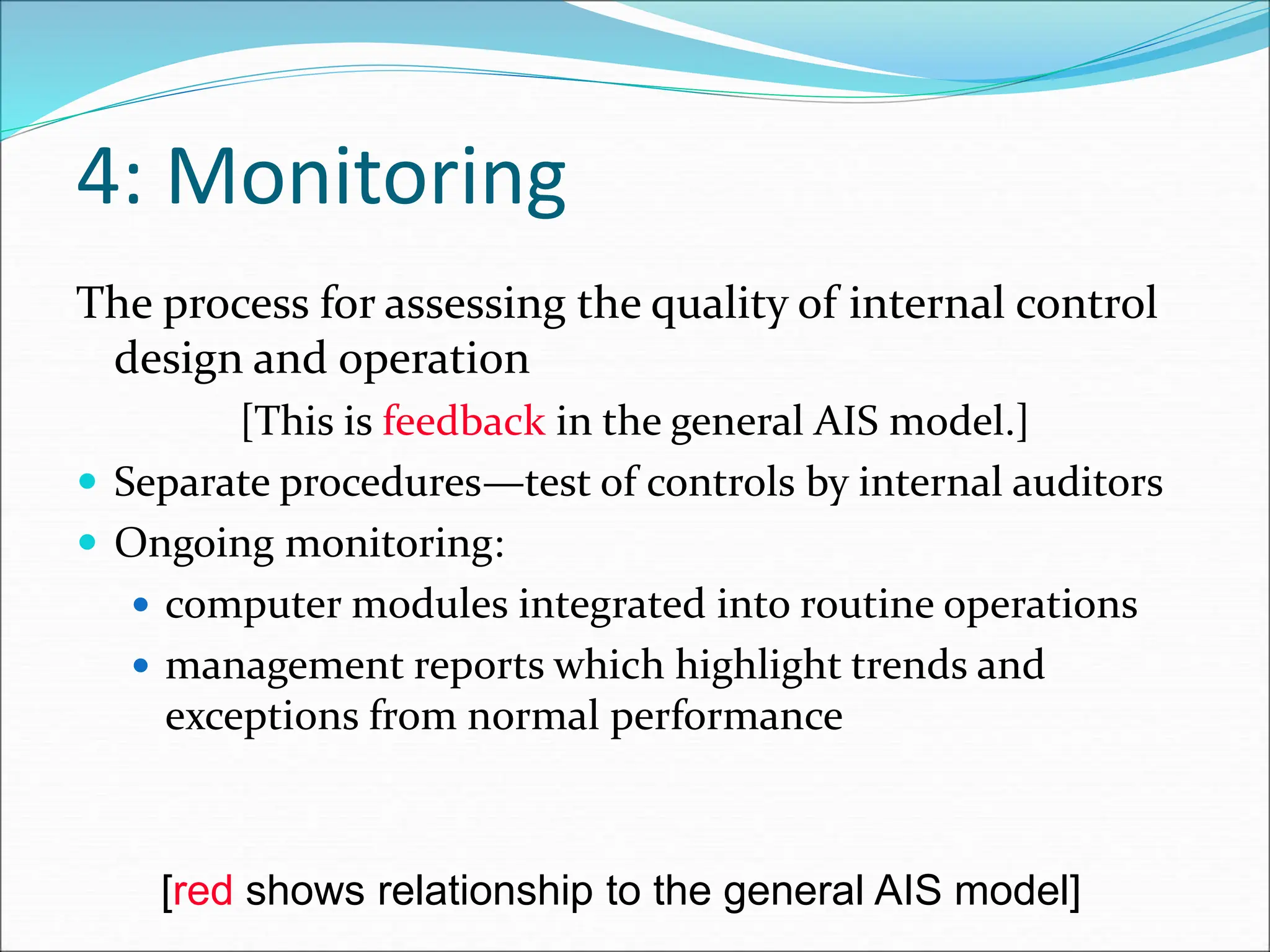 4: Monitoring
The process for assessing the quality of internal control
design and operation
[This is feedback in the general AIS model.]
 Separate procedures—test of controls by internal auditors
 Ongoing monitoring:
 computer modules integrated into routine operations
 management reports which highlight trends and
exceptions from normal performance
[red shows relationship to the general AIS model]
 