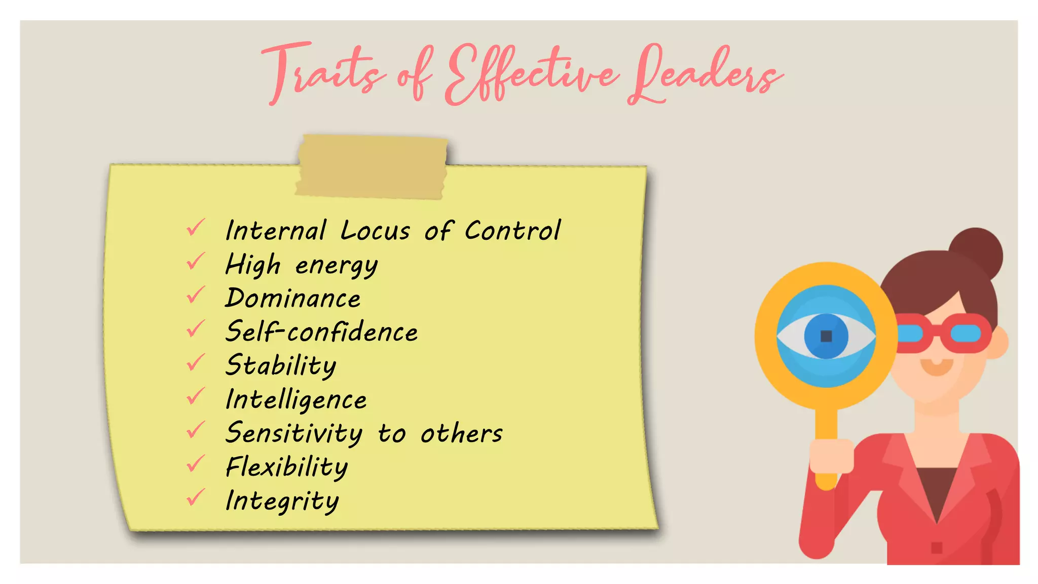 Traits of Effective Leaders
✓ Internal Locus of Control
✓ High energy
✓ Dominance
✓ Self-confidence
✓ Stability
✓ Intelligence
✓ Sensitivity to others
✓ Flexibility
✓ Integrity
 