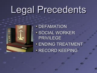 Legal Precedents
DEFAMATION
SOCIAL WORKER
PRIVILEGE
ENDING TREATMENT
RECORD KEEPING

 