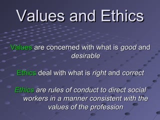 Values and Ethics
Values are concerned with what is good and
desirable
Ethics deal with what is right and correct
Ethics are rules of conduct to direct social
workers in a manner consistent with the
values of the profession

 