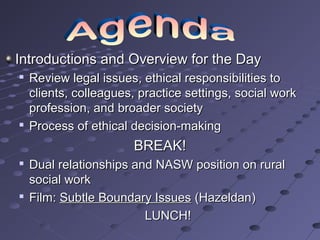Introductions and Overview for the Day




Review legal issues, ethical responsibilities to
clients, colleagues, practice settings, social work
profession, and broader society
Process of ethical decision-making

BREAK!




Dual relationships and NASW position on rural
social work
Film: Subtle Boundary Issues (Hazeldan)
LUNCH!

 