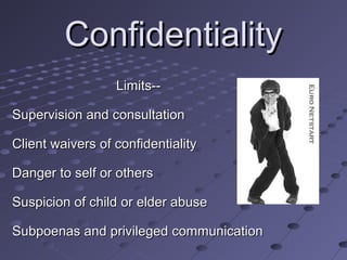 Confidentiality
Limits-Supervision and consultation
Client waivers of confidentiality
Danger to self or others
Suspicion of child or elder abuse
Subpoenas and privileged communication

 