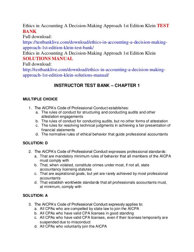 Ethics in accounting a decision making approach 1st edition klein tes…