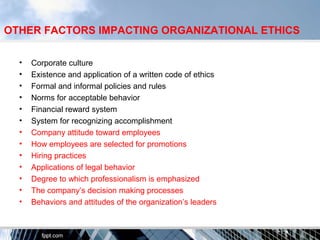 OTHER FACTORS IMPACTING ORGANIZATIONAL ETHICS
• Corporate culture
• Existence and application of a written code of ethics
• Formal and informal policies and rules
• Norms for acceptable behavior
• Financial reward system
• System for recognizing accomplishment
• Company attitude toward employees
• How employees are selected for promotions
• Hiring practices
• Applications of legal behavior
• Degree to which professionalism is emphasized
• The company’s decision making processes
• Behaviors and attitudes of the organization’s leaders
 