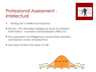 Professional Assessment -
Intellectual
4 Testing Lisa’s intellectual capacity:
 IQ test— The Wechsler Intelligence Scale for Children,
Forth Edition - Australian Standardisation (WISC-IV)
 The assessment of intelligence is across three domains
conceptual, social, and practical.
 Lisa rated 76 from the mean of 100
 