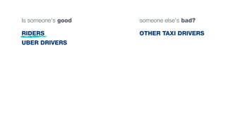 Is someone's good someone else's bad?
RIDERS
UBER DRIVERS
OTHER TAXI DRIVERS
 