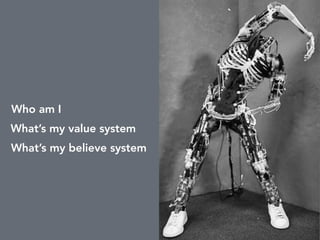 Who am I
What’s my value system
What’s my believe system
 
