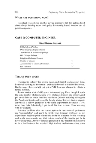 200 Engineering Ethics: An Industrial Perspective
WHAT ARE YOU DOING NOW?
I conduct research for another device company. But I’m getting tired
about always hearing about stock price. Eventually, I need to move out of
public companies.
CASE 9: COMPUTER ENGINEER
Ethics Dilemma Scorecard
Public Safety  Welfare
Data Integrity  Representation
Trade Secrets  Industrial Espionage
Gift Giving  Bribery
Principle of Informed Consent
Conflict of Interest 
Accountability to Clients  Customers 
Fair Treatment 
TELL US YOUR STORY
I worked in industry for several years, and started teaching part time.
I enjoyed teaching so much that I eventually became a full-time instructor.
But because I have an MS, but not a PhD, I am not allowed to obtain a
tenure position.
Tenure makes a lot of difference, in terms of pay. Even though I teach
the same number of classes, same level of classes (juniors and seniors), and
put three times as much time into my duties (besides teaching, serving on
the Academic Senate and being the faculty advisor for two student organi-
zations) as a fellow professor in the same department, he makes 175%
more than I do. Admittedly, I put in all this time because I love working
with my students.
Another problem with the tenure system is that tenured professors
are “untouchable” and can’t be fired. One tenured professor in my
department receives poor evaluations from his students for his teaching
and sends mass e-mails out that irritate much of the faculty, yet he is
never disciplined. Another tenured professor in my department is known
to be a bad lecturer, but received high student evaluations a few years
Ch16-P088531.qxd 2/22/06 11:49 AM Page 200
 