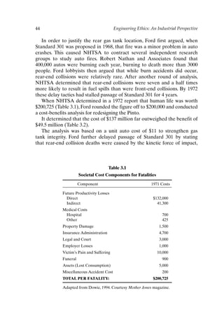 44 Engineering Ethics: An Industrial Perspective
In order to justify the rear gas tank location, Ford first argued, when
Standard 301 was proposed in 1968, that fire was a minor problem in auto
crashes. This caused NHTSA to contract several independent research
groups to study auto fires. Robert Nathan and Associates found that
400,000 autos were burning each year, burning to death more than 3000
people. Ford lobbyists then argued that while burn accidents did occur,
rear-end collisions were relatively rare. After another round of analysis,
NHTSA determined that rear-end collisions were seven and a half times
more likely to result in fuel spills than were front-end collisions. By 1972
these delay tactics had stalled passage of Standard 301 for 4 years.
When NHTSA determined in a 1972 report that human life was worth
$200,725 (Table 3.1), Ford rounded the figure off to $200,000 and conducted
a cost-benefits analysis for redesigning the Pinto.
It determined that the cost of $137 million far outweighed the benefit of
$49.5 million (Table 3.2).
The analysis was based on a unit auto cost of $11 to strengthen gas
tank integrity. Ford further delayed passage of Standard 301 by stating
that rear-end collision deaths were caused by the kinetic force of impact,
Table 3.1
Societal Cost Components for Fatalities
Component 1971 Costs
Future Productivity Losses
Direct $132,000
Indirect 41,300
Medical Costs
Hospital 700
Other 425
Property Damage 1,500
Insurance Administration 4,700
Legal and Court 3,000
Employer Losses 1,000
Victim’s Pain and Suffering 10,000
Funeral 900
Assets (Lost Consumption) 5,000
Miscellaneous Accident Cost 200
TOTAL PER FATALITY: $200,725
Adapted from Dowie, 1994. Courtesy Mother Jones magazine.
Ch03-P088531.qxd 2/22/06 11:44 AM Page 44
 