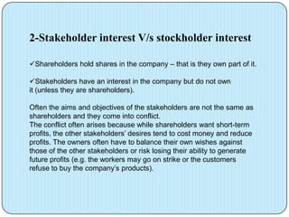 2-Stakeholder interest V/s stockholder interest

Shareholders hold shares in the company – that is they own part of it.

Stakeholders have an interest in the company but do not own
it (unless they are shareholders).

Often the aims and objectives of the stakeholders are not the same as
shareholders and they come into conflict.
The conflict often arises because while shareholders want short-term
profits, the other stakeholders’ desires tend to cost money and reduce
profits. The owners often have to balance their own wishes against
those of the other stakeholders or risk losing their ability to generate
future profits (e.g. the workers may go on strike or the customers
refuse to buy the company’s products).
 