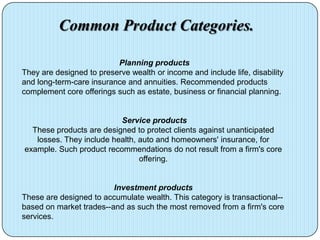 Common Product Categories.

                          Planning products
They are designed to preserve wealth or income and include life, disability
and long-term-care insurance and annuities. Recommended products
complement core offerings such as estate, business or financial planning.


                          Service products
  These products are designed to protect clients against unanticipated
   losses. They include health, auto and homeowners' insurance, for
example. Such product recommendations do not result from a firm's core
                                offering.


                         Investment products
These are designed to accumulate wealth. This category is transactional--
based on market trades--and as such the most removed from a firm's core
services.
 