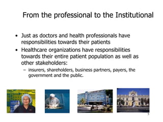 5
• Just as doctors and health professionals have
responsibilities towards their patients
• Healthcare organizations have ...