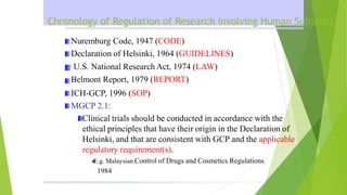 Chronology of Regulation of Research Involving Human Subjects
Nuremburg Code, 1947 (CODE)
Declaration of Helsinki, 1964 (GUIDELINES)
U.S. National Research Act, 1974 (LAW)
Belmont Report, 1979 (REPORT)
ICH-GCP, 1996 (SOP)
MGCP 2.1:
Clinical trials should be conducted in accordance with the
ethical principles that have their origin in the Declaration of
Helsinki, and that are consistent with GCP and the applicable
regulatory requirement(s).
E.g. Malaysian Control of Drugs and Cosmetics Regulations
1984
 