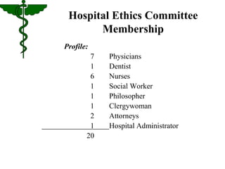 Hospital Ethics Committee 
Membership 
Profile: 
7 Physicians 
1 Dentist 
6 Nurses 
1 Social Worker 
1 Philosopher 
1 Clergywoman 
2 Attorneys 
1 Hospital Administrator 
20 
 
