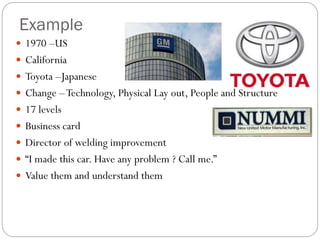Example
 1970 –US
 California
 Toyota –Japanese
 Change –Technology, Physical Lay out, People and Structure
 17 levels
 Business card
 Director of welding improvement
 “I made this car. Have any problem ? Call me.”
 Value them and understand them
 