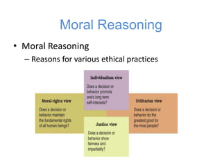 Moral Reasoning
• Moral Reasoning
– Reasons for various ethical practices
 