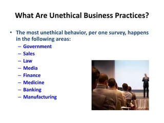 What Are Unethical Business Practices?
• The most unethical behavior, per one survey, happens
in the following areas:
– Government
– Sales
– Law
– Media
– Finance
– Medicine
– Banking
– Manufacturing
 
