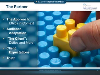 Copyright © 2015 John DeGroote Services, LLC
 BACK TO “AROUND THE TABLE”
The Partner
14
• The Approach:
Ethics in Context
• Audience
Adaptation
• “The Client”:
Duties and More
• Client
Expectations
• Trust
 