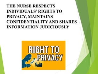 THE NURSE RESPECTS
INDIVIDUALS’ RIGHTS TO
PRIVACY, MAINTAINS
CONFIDENTIALITY AND SHARES
INFORMATION JUDICIOUSLY
 