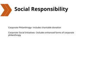 Social Responsibility
Corporate Philanthropy– includes charitable donation
Corporate Social Initiatives– Includes enhanced forms of corporate
philanthropy
 