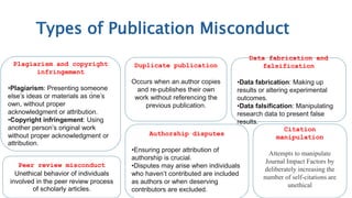 Types of Publication Misconduct
Plagiarism and copyright
infringement
•Plagiarism: Presenting someone
else’s ideas or materials as one’s
own, without proper
acknowledgment or attribution.
•Copyright infringement: Using
another person’s original work
without proper acknowledgment or
attribution.
Duplicate publication
Occurs when an author copies
and re-publishes their own
work without referencing the
previous publication.
Data fabrication and
falsification
•Data fabrication: Making up
results or altering experimental
outcomes.
•Data falsification: Manipulating
research data to present false
results.
Authorship disputes
•Ensuring proper attribution of
authorship is crucial.
•Disputes may arise when individuals
who haven’t contributed are included
as authors or when deserving
contributors are excluded.
.
Citation
manipulation
Attempts to manipulate
Journal Impact Factors by
deliberately increasing the
number of self-citations are
unethical
Peer review misconduct
Unethical behavior of individuals
involved in the peer review process
of scholarly articles.
 