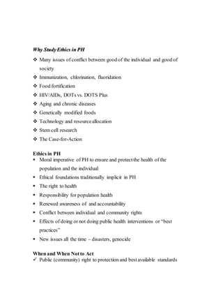 Ethics in Public Health, Health Care, Health Research and the ...