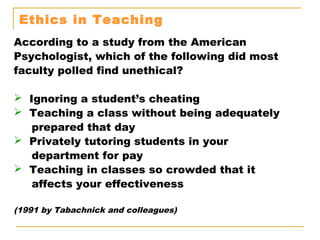 Ethics in Teaching
According to a study from the American
Psychologist, which of the following did most
faculty polled find unethical?
 
 Ignoring a student’s cheating
 Teaching a class without being adequately
prepared that day
 Privately tutoring students in your
department for pay
 Teaching in classes so crowded that it
affects your effectiveness
(1991 by Tabachnick and colleagues)
 