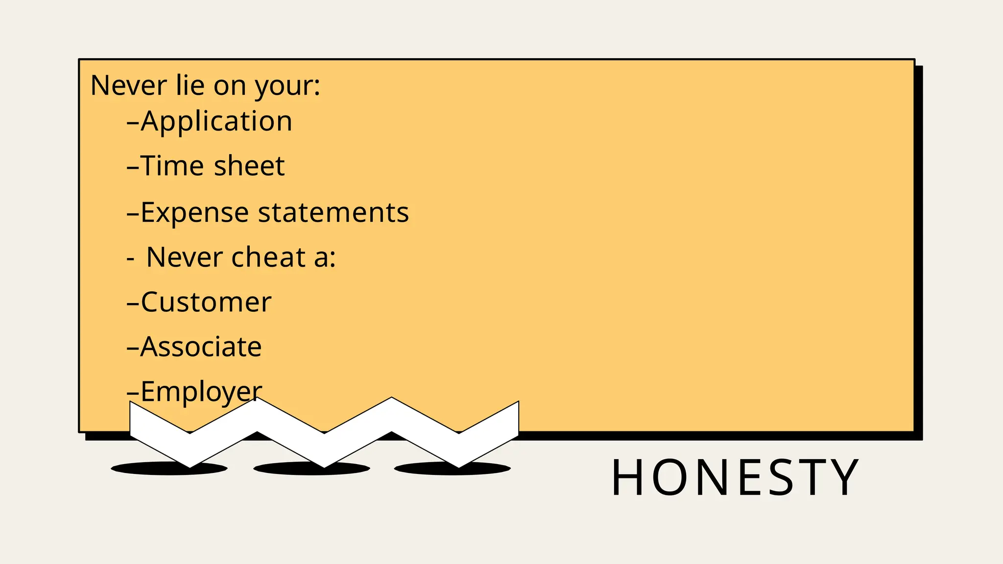 HONESTY
Never lie on your:
–Application
–Time sheet
–Expense statements
- Never cheat a:
–Customer
–Associate
–Employer
 