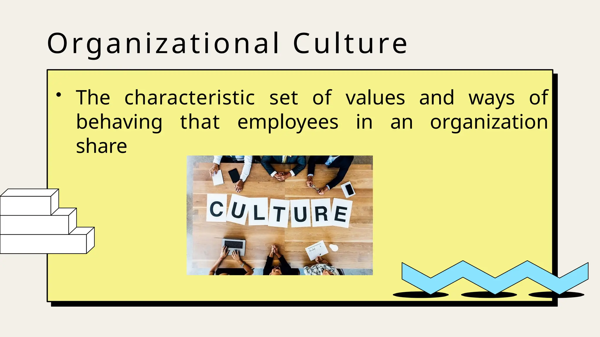 • The characteristic set of values and ways of
behaving that employees in an organization
share
Organizational Culture
 