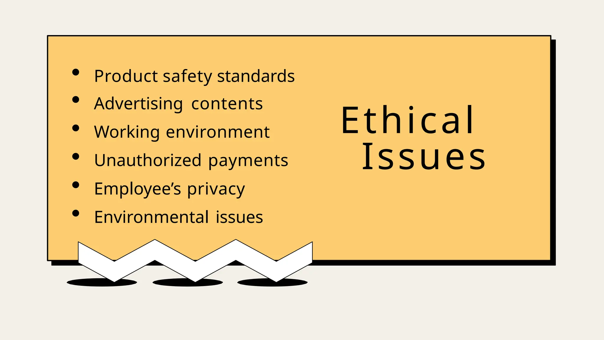 Ethical
Issues
• Product safety standards
• Advertising contents
• Working environment
• Unauthorized payments
• Employee’s privacy
• Environmental issues
 